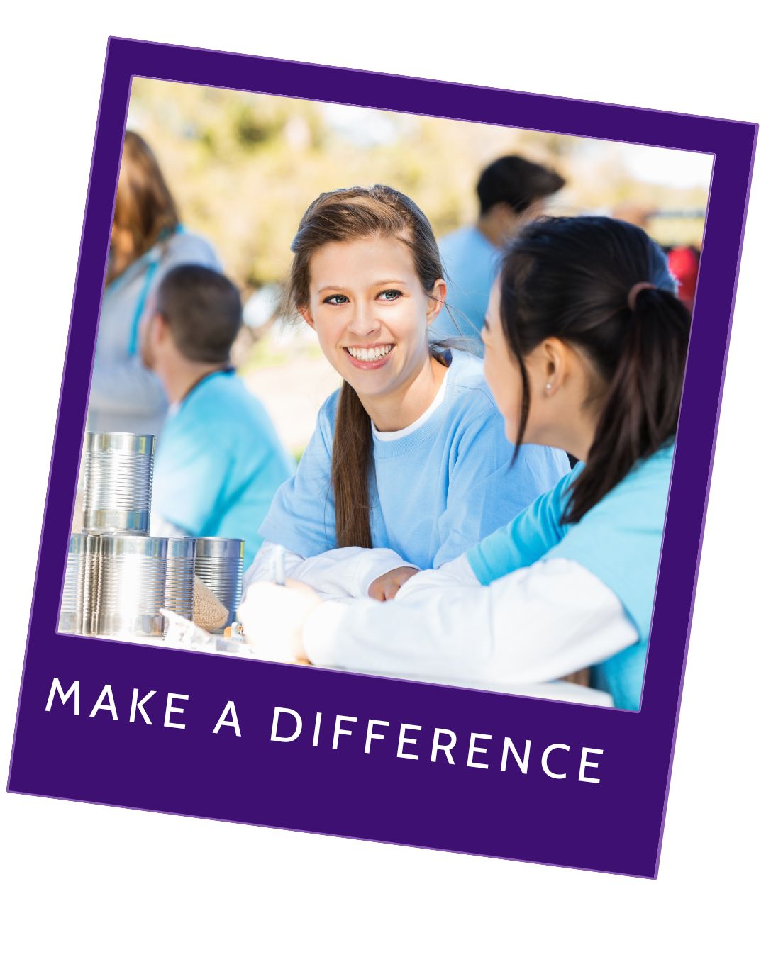 Smiling adult volunteer woman seated with girl she's volunteering with. The picture is framed in purple with title "Make a Difference."