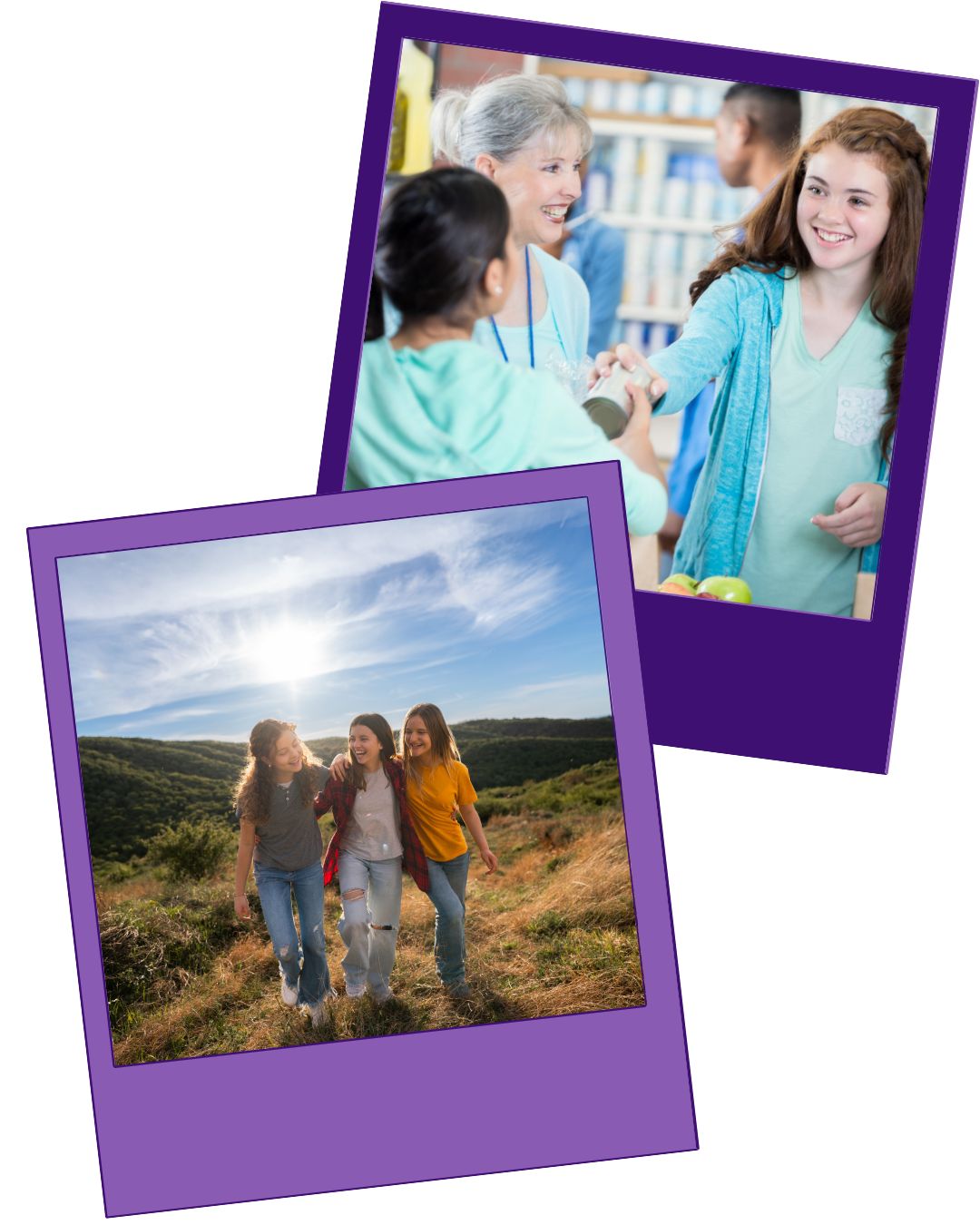 Overlapping images of smiling girl handing out canned goods while volunteering and three girls walking outside in open field together. Both images have purple borders.